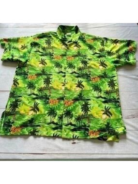 Rima Palm Tree Tropical Island Print Green button down shirt Mens XL Vacation